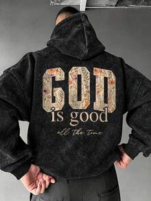 Men's Floral & Letter Print Hooded Sweatshirt, Loose Fit Washed Pullover Hoodie - Black - View 1