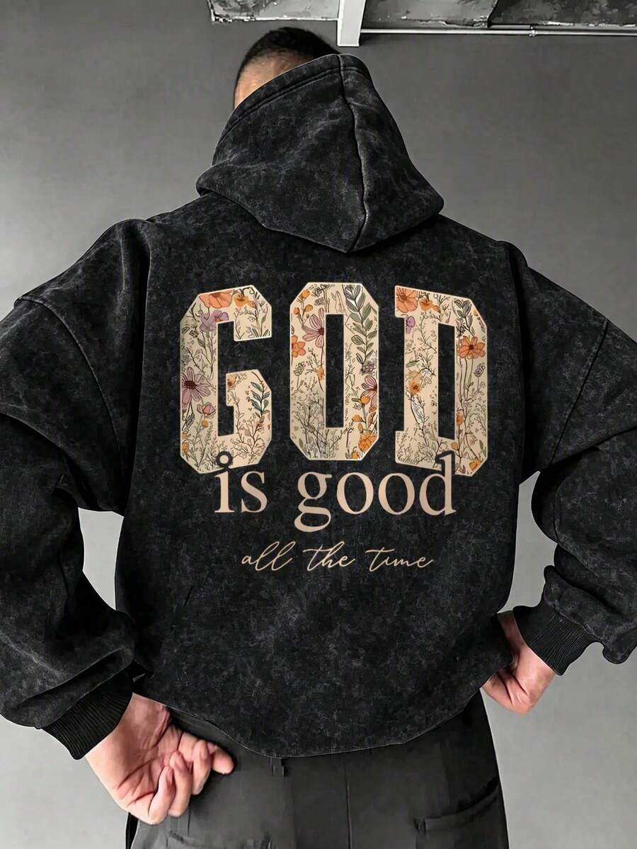 Men's Floral & Letter Print Hooded Sweatshirt, Loose Fit Washed Pullover Hoodie - Black - View 1
