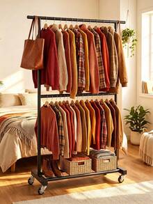 Double-Tier Movable Clothes Rack With Thickened 25mm Tubes For Strong Load-Bearing Capacity, Equipped With Universal Casters, Available In Black And Beige, And A Bottom Storage Shelf For Space Saving - A - View 11