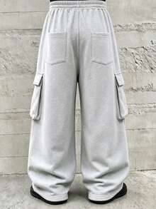 HEYKESON Men's Cargo Wide Leg Sweatpants With Large Side Pockets, Chunky Cable Knit Tassel Drawstring Elastic Waist Loose Casual Long Pants - Light Grey - View 2
