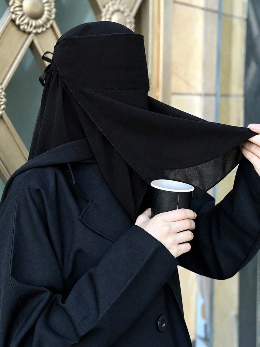 1件裝女款時尚純色雙層眼紗面罩，舒適透氣防曬頭巾，多功能穆斯林希賈布 Niqab 穆斯林面紗，適合日常外出 - 黑色B - 查看 1