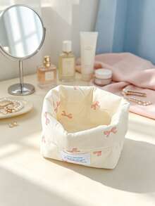 1pc Cute Bow Print Fabric Storage Basket Foldable Desktop Cosmetic Organizer Bin Portable Makeup Holder Box Small Sundries Accessories Storage Bucket - Multicolor - View 9