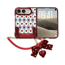 keshengtai PU Leather Heart Pattern Phone Case, With A Bow Pendant And A Silicone Wrist Strap, Hard PC Back Plate Protective Phone Cover, Compatible With IPhone Duo - A - View 6