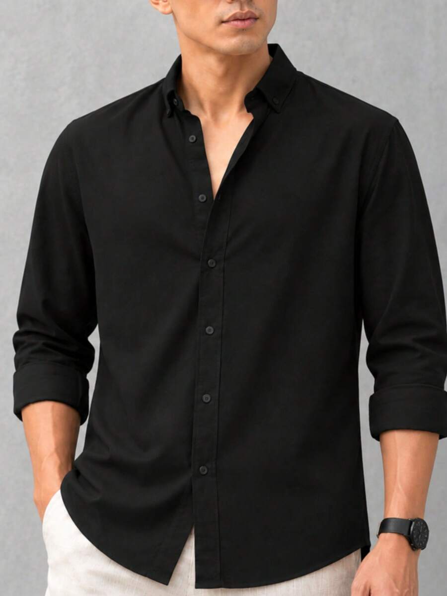 Men's Slim-Fit Casual Long-Sleeve Button-Up Shirt - Soft Textured Cotton-Linen Blend Breathable Shirt For Modern Smart-Casual & Everyday Wear