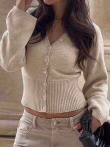 Cardigan court en tricot blanc à col V et taille cintrée pour femmes Live To Mo, pull ajusté à manches longues évasées, convient pour l'automne, la rentrée scolaire et les sorties décontractées quotidiennes - Kaki - Voir 3