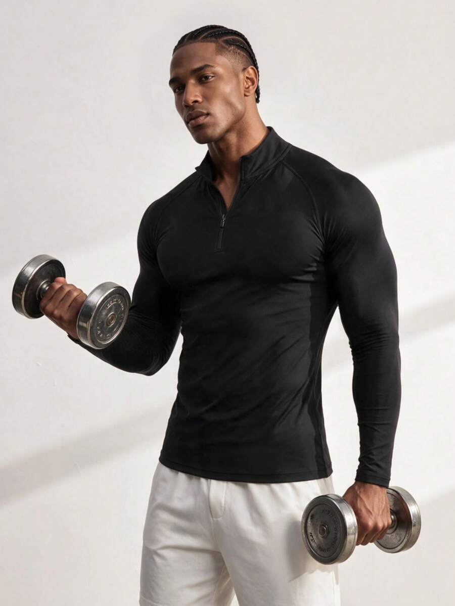 Driftmere Mens Black Half Zip Compression Shirt, Long Sleeve Fitted Workout Top, Lightweight Breathable Gym Running Sports Casual Tee - Black - View 1
