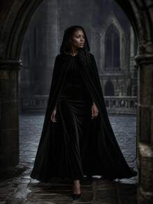 1pc Black Velvet Hooded Cape, Halloween Cloak, Halloween Cosplay Costume - Black - View 6