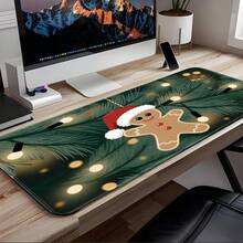 1pc Cute Gingerbread Man Large Mouse Pad, Christmas Holiday Extended Desk Mat, Dark Green Pine Branch & String Lights Gingerbread Man Keyboard Pad, Stitched Edge Soft Fabric Surface With Non-Slip Rubber Base, Laptop Desk Mat, Suitable For Home Office, Gaming, Holiday Gift - View 7