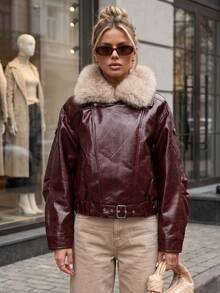 Women's Faux Leather Aviator Jacket With Faux Fur Collar, Zip, Snaps And Adjustable Hem - Burgundy - View 4
