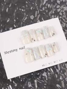 10pcs Y2K Style Short Almond-Shaped Handmade Nail Art Stickers, Japanese Short Trapezoidal Stickers, Light Blue Plaid Bow Pattern With Embedded Rhinestones, Suitable For Women And Girls For Party And Daily Wear, Press On Nails - Baby Blue - View 5