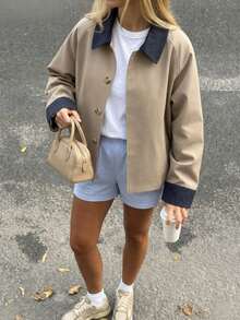 Women's Khaki Contrast Collar Button Front Jacket Long Sleeve Loose Fit Casual Trench Coat Outerwear - Khaki - View 5