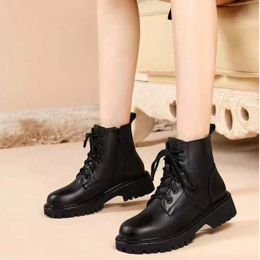 Women's British Style PU Material Boots Flat Sole Spring Autumn Boots New Thick Sole Ankle Boots - Black - View 1