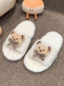 Bear Patch Plush Slippers, New Autumn/Winter Style, Thick Sole, Non-Slip, Soft & Warm Indoor Slides - White - View 2