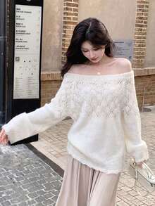 Autumn/Winter New Gentle Style Bow Hollow Lace-Up Knit Sweater Mid-Length Soft Fluffy Cold Shoulder Long Sleeve Top - Apricot - View 6