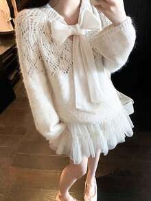 Autumn/Winter New Gentle Style Bow Hollow Lace-Up Knit Sweater Mid-Length Soft Fluffy Cold Shoulder Long Sleeve Top - Apricot - View 5