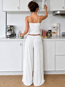Women's 2-Piece Polka Dot Pajama Set, Spaghetti Strap Camisole Top + Elastic Waist Wide Leg Pants, Loungewear Set - White - View 6