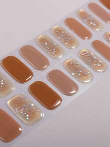 Semi-Cured Gel Nail Strips, 20 Pieces, Caramel Milk Tea Brown Gradient Glitter Nail Stickers, Maillard Warm Autumn Design Self-Adhesive Nail Decals For Daily Commute, Cafe Dates & Weekend Getaways - Mocha Brown - View 3