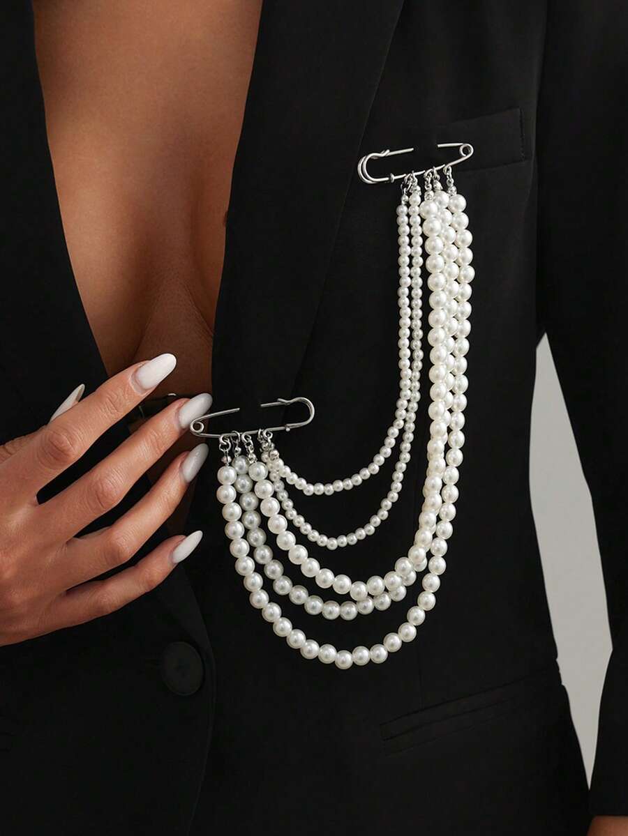 1pc Multi-Layer Faux Pearl Beaded Luxury Brooch, Versatile, Banquet, Party, Fashionable Brooch For Women - White - View 1