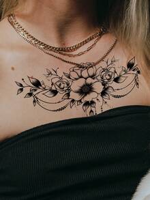 1pc Black Minimalist Fashion Floral Branch & Leaf Pattern Temporary Tattoo Sticker, Waterproof Body Skin Tattoo For Party Gift, DIY Holiday Gift, Music Festival, Shoulder, Neck, Collarbone, Back - Black - View 2