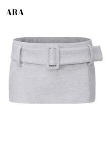 ARA CHIC Women's Light Gray Wool Mini Skirt, High Waist A-Line Skirt With Belt, Slimming Skirt Suitable For Autumn Daily Commute And Date Outfits - Light Grey - View 9