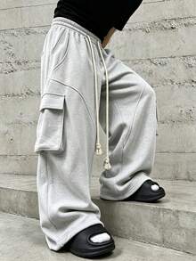 HEYKESON Men's Cargo Wide Leg Sweatpants With Large Side Pockets, Chunky Cable Knit Tassel Drawstring Elastic Waist Loose Casual Long Pants - Light Grey - View 5