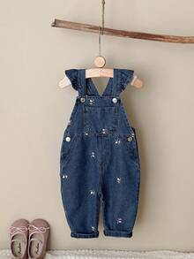 Baby Floral Embroidered Denim Adjustable Shoulder Strap Overalls, Loose Rolled Hem Long Pants For Boys And Girls - Navy Blue - View 9