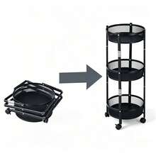 3-Tier Round Rotating Cart, Black Metal Mesh Basket, Universal Wheels, Movable Storage Organizer For Kitchen Bathroom Living Room - Multicolor - View 8