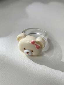 1/5pcs Heart Bear Bow Resin Rings, Pink & Chocolate Color Block Design, Suitable For Women, Holiday Gift, Daily Wear, Valentine's Day Friend Gift - Multicolor - View 10