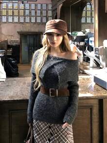 French Lazy Style Off Shoulder Collar Sweater Women Autumn Winter Belt Waist Loose Knit Top - Grey - View 6