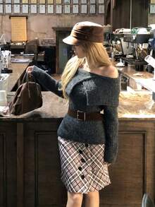 French Lazy Style Off Shoulder Collar Sweater Women Autumn Winter Belt Waist Loose Knit Top - Grey - View 2