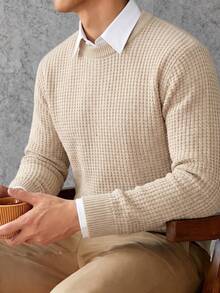 Men's Classic 7-Gauge Cable Knit Crew Neck Long Sleeve Sweater, Autumn/Winter - Apricot - View 3