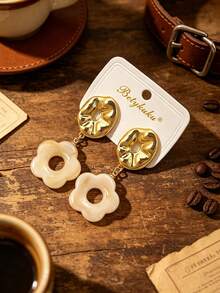 2pcs European & American Old Money Style Resin Flower Gold Pendant Earrings For Women & Girls, Daily Casual Party Jewelry Gift - Autumn/Winter - View 8