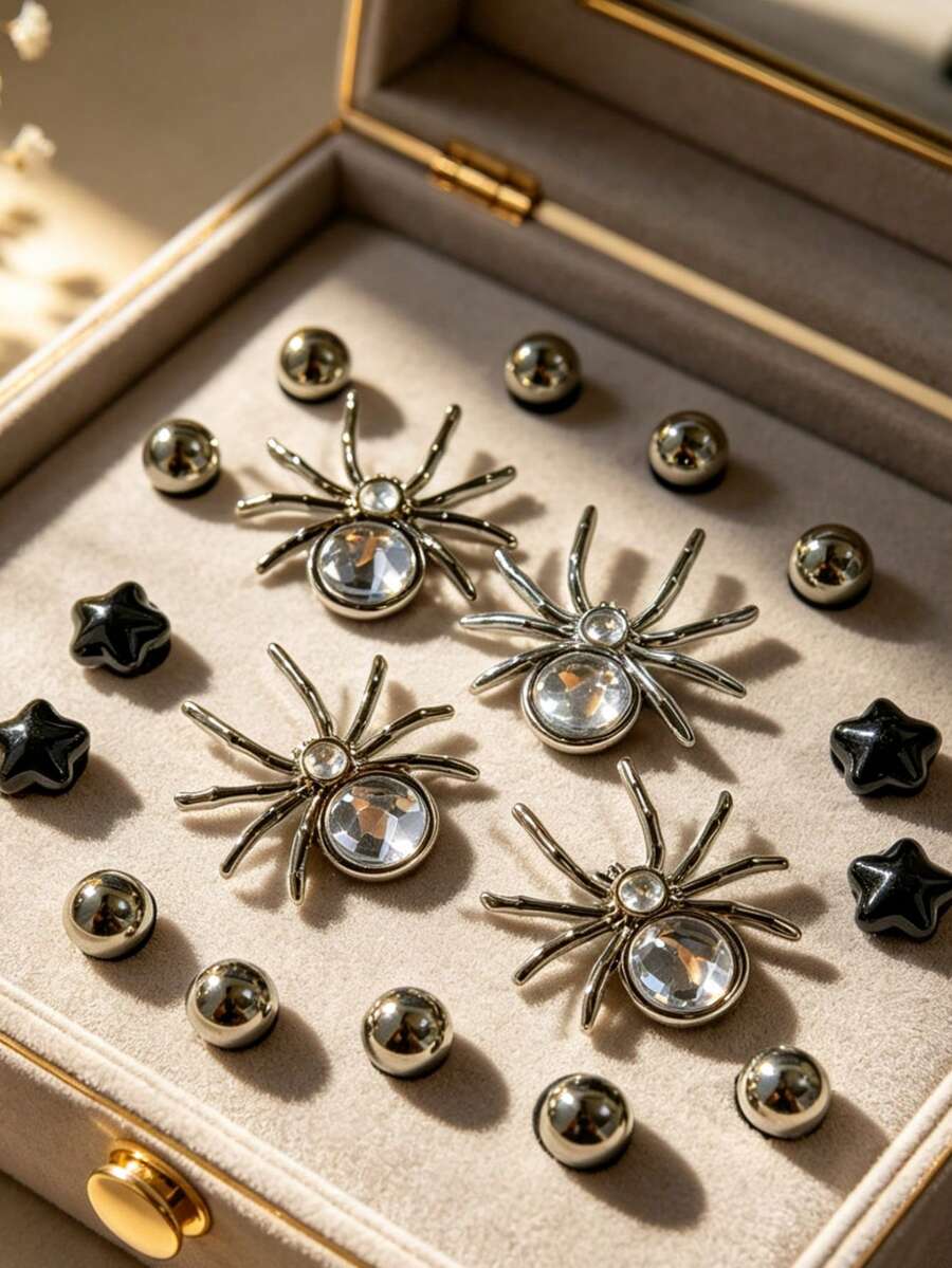 18pcs Silver Black Spider & Star Shoe Charms, Detachable Halloween Perforated Sandals Accessories Gift