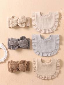 6PCS Girls Soft Khaki Ruffle Bibs, Cute Coffee Color Woolen Bow Headband Set, Suitable For Autumn/Winter Wear - Multicolor - View 4