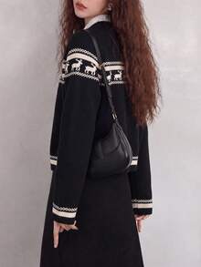 Women's Vintage Autumn/Winter Reindeer Pattern Knit Cardigan Button Long Sleeve Crew Neck Sweater - Black - View 2