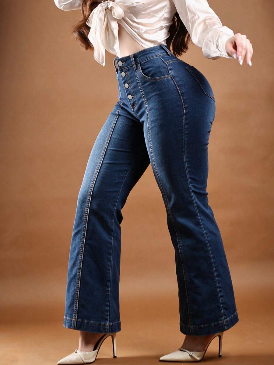 Plus Size Women's High Waist Flare Leg Casual Denim Jeans - Blue - View 1