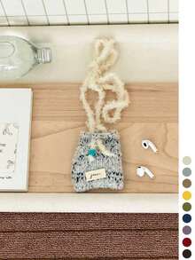 1pc Mini Knitted Phone Bag, One Shoulder Crossbody Small Bag, Niche Design Woolen Woven Coin Purse - Fabric Label Curly Hair Bead Crossbody Earphone Bag - View 5