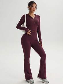 Burgundy Hooded Cropped Jacket With Thumb Holes And High-Waisted Flare Pants Set, Street Style Fitness Wear - Burgundy - View 3