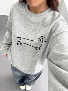 Women's Casual Crew Neck Sweatshirt, Decorated With Minimalist Black Line Dachshund Print, Simple And Versatile, Suitable For Daily Wear - Light Grey - View 8