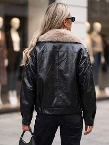 Women's Faux Leather Aviator Jacket With Faux Fur Collar, Zip, Snaps And Adjustable Hem - Black - View 2