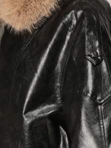 Women's Faux Leather Aviator Jacket With Faux Fur Collar, Zip, Snaps And Adjustable Hem - Black - View 4