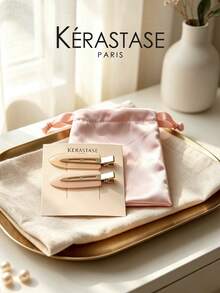 Kérastase حقيبة تخزين كيرستاس وردية ساتان برباط & مجموعة 2 قطعة مشابك شعر أكريليك متدرجة اللون، مشابك شعر منقار البطة غير قابلة للانزلاق، صندوق هدايا إكسسوارات الشعر - لون مشمشي - مشاهدة 1