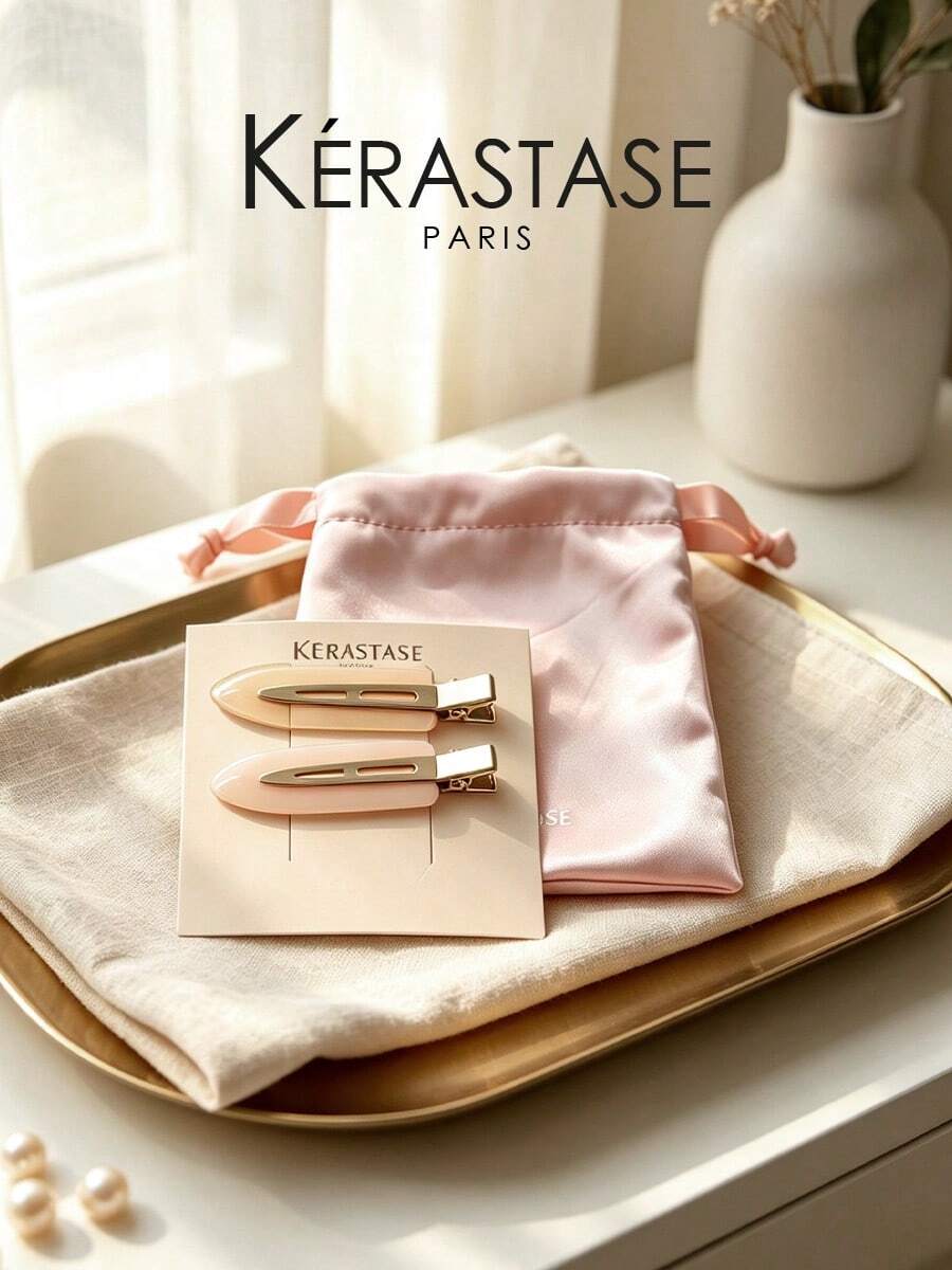 Kérastase حقيبة تخزين كيرستاس وردية ساتان برباط & مجموعة 2 قطعة مشابك شعر أكريليك متدرجة اللون، مشابك شعر منقار البطة غير قابلة للانزلاق، صندوق هدايا إكسسوارات الشعر - لون مشمشي - مشاهدة 1