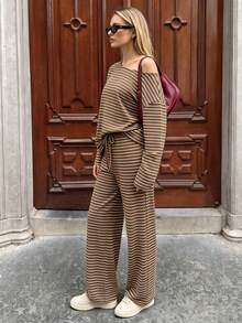 Women's Autumn/Winter Casual Commute Style Brown Striped Loose 2 Pieces Set, Outdoor, Sports, Back To School - Brown - View 5