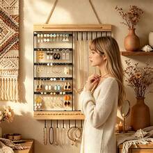 1pc Bohemian Style Luxury Wall-Mounted Jewelry Display Rack, Fixed Wooden & Iron Jewelry Hanger For Earrings, Necklaces, Bracelets, Wall Display Prop - Multicolor - View 4