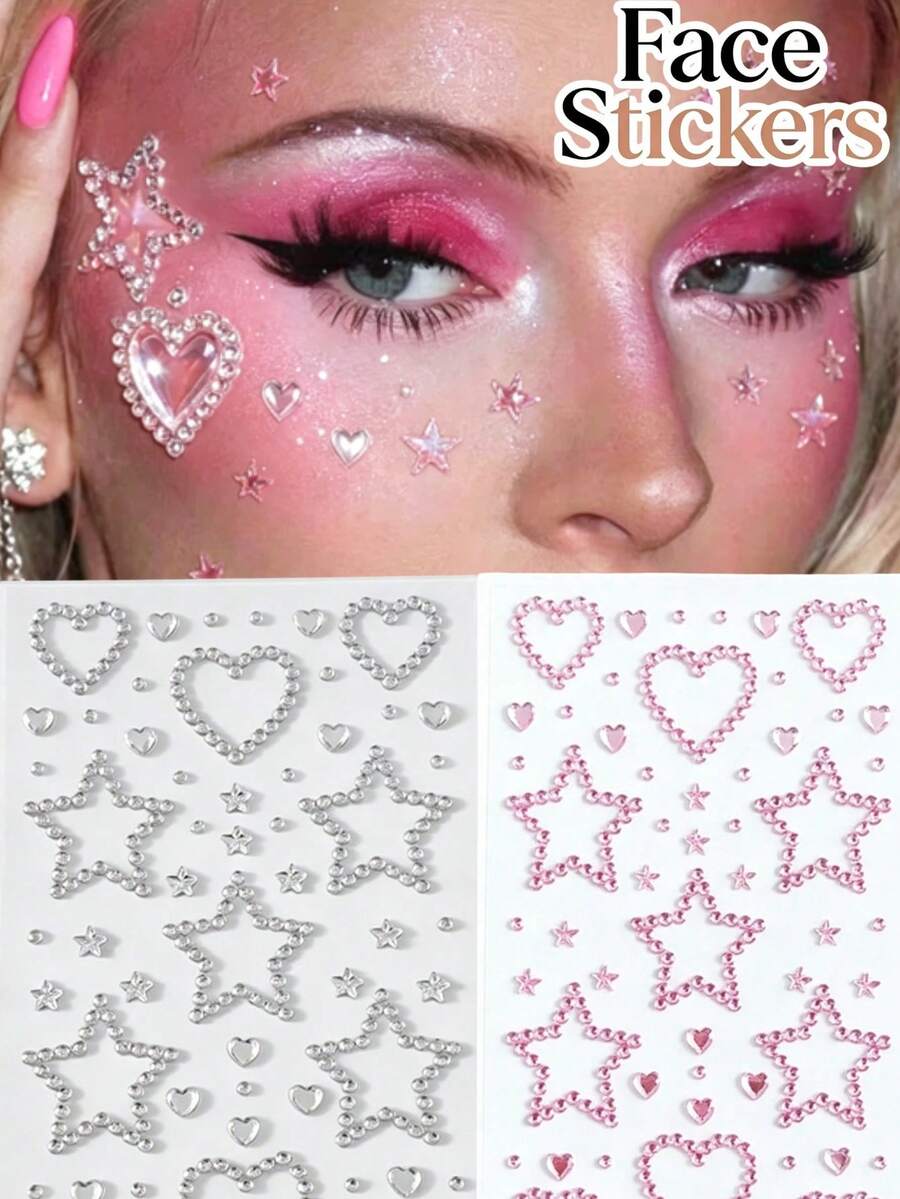 1pc Autumn New White & Pink Large/Small Star & Heart Rhinestone Diamond Face Stickers, Y2K European & American Hot Girl DIY Face Decoration, Self-Adhesive Stickers For Face Sticker Shop - Multicolor - View 1