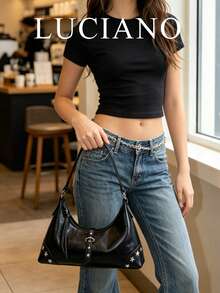 New Spring/Summer Motorcycle Bag Y2K Hot Girl Style Large Capacity Multi-Compartment Tote Bag Rivet Decor Shoulder Crossbody Underarm Bag Design-Driven - Black - View 3