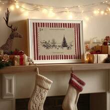 1pc Vintage Christmas Postage Stamp Wall Art, Retro Holiday Canvas Print, Rustic Red White Striped Tree Village Scene Poster, Neutral Farmhouse Xmas Decor For Living Room Entryway, Unframed Or Framed - Pattern - View 5