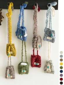 1pc Mini Knitted Phone Bag, One Shoulder Crossbody Small Bag, Niche Design Woolen Woven Coin Purse - Fabric Label Curly Hair Bead Crossbody Earphone Bag - View 2