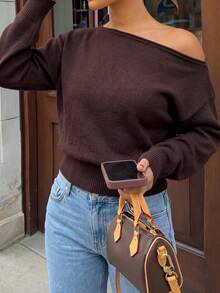 GLAMSKIN Fall Winter Women Off Shoulder Long Sleeve Knit Sweater,Slash Neck Cropped Pullover, Loose Drop Shoulder Ribbed Hem Casual Slim Crop Top - Brown - View 5